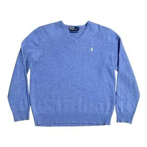 Polo Ralph Lauren Men’s Large Sweater Blue 100% Lambs Wool Pullover V Neck